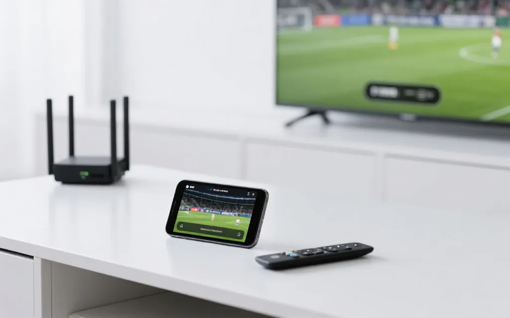 手机与电视同屏显示足球赛事，旁边有路由器与遥控器的简洁构图